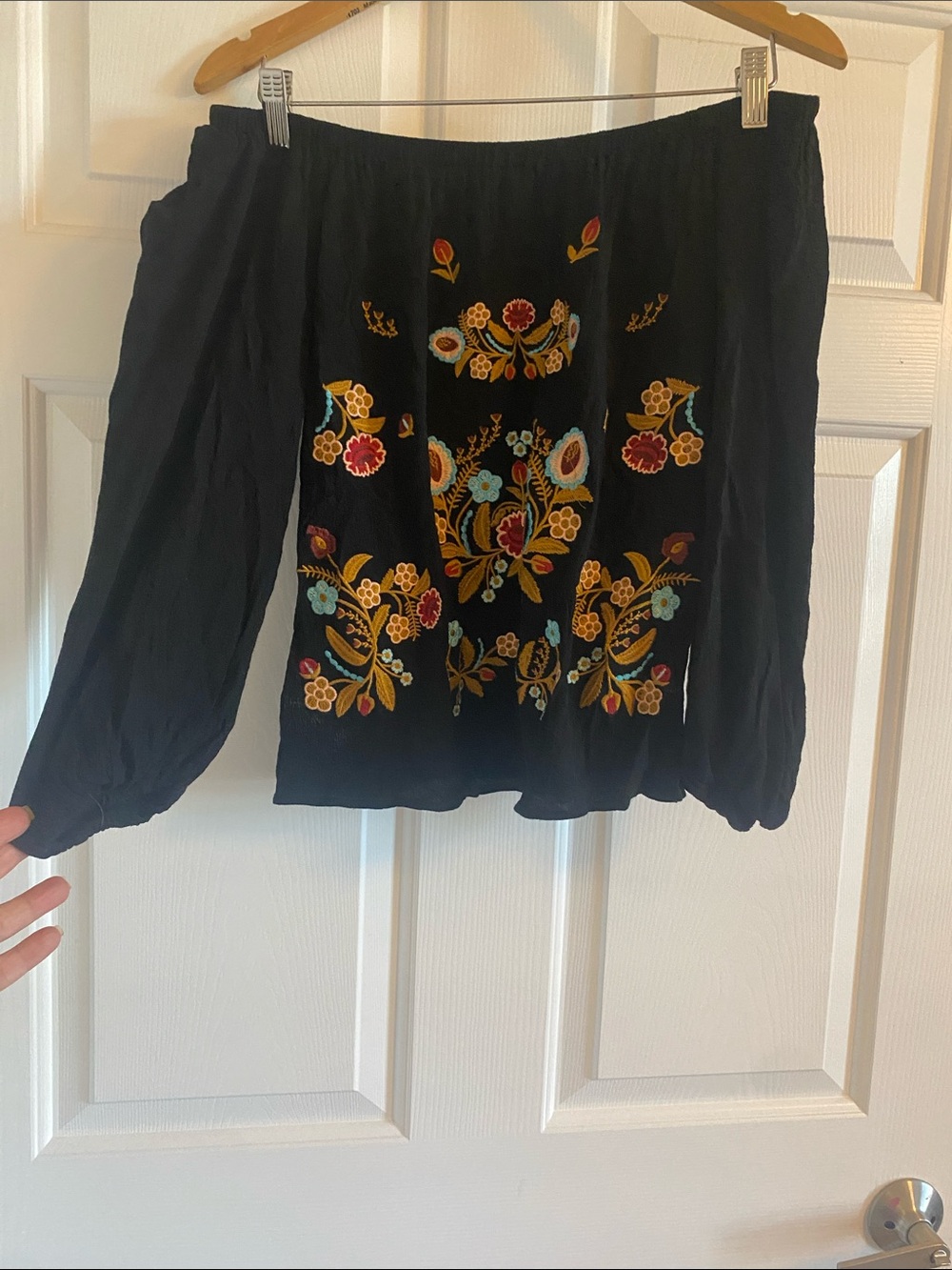 Black Off-Shoulder Embroidered Boho Top - Women's